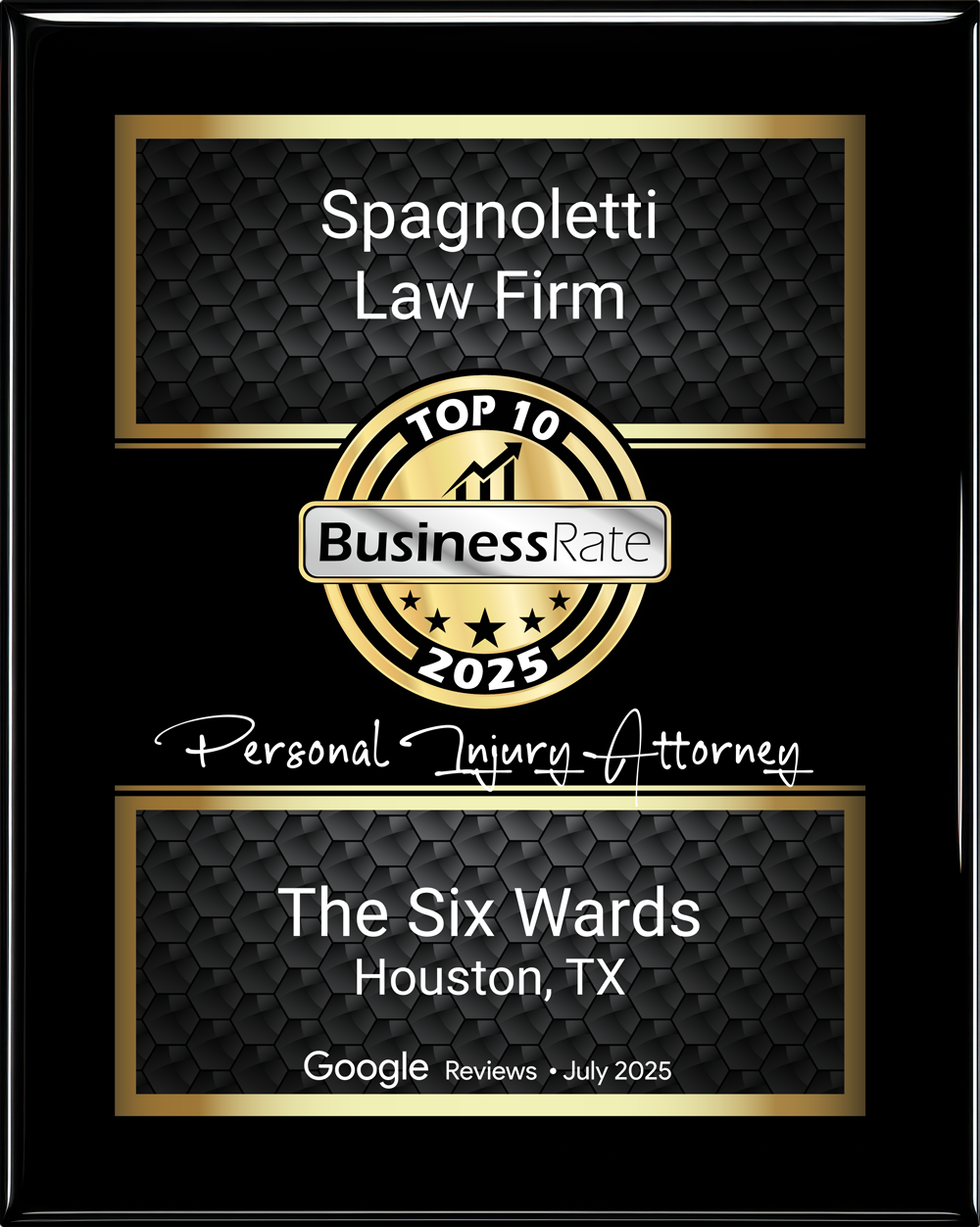 Spagnoletti Law Firm | TOP 10 Business Rate 2025 | Personal Injury Attorney | The Six Wards | Houston, TX | Google Reviews | July 2025